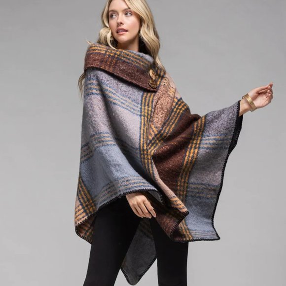 Scarlett Woven Plaid Poncho with Button Detail